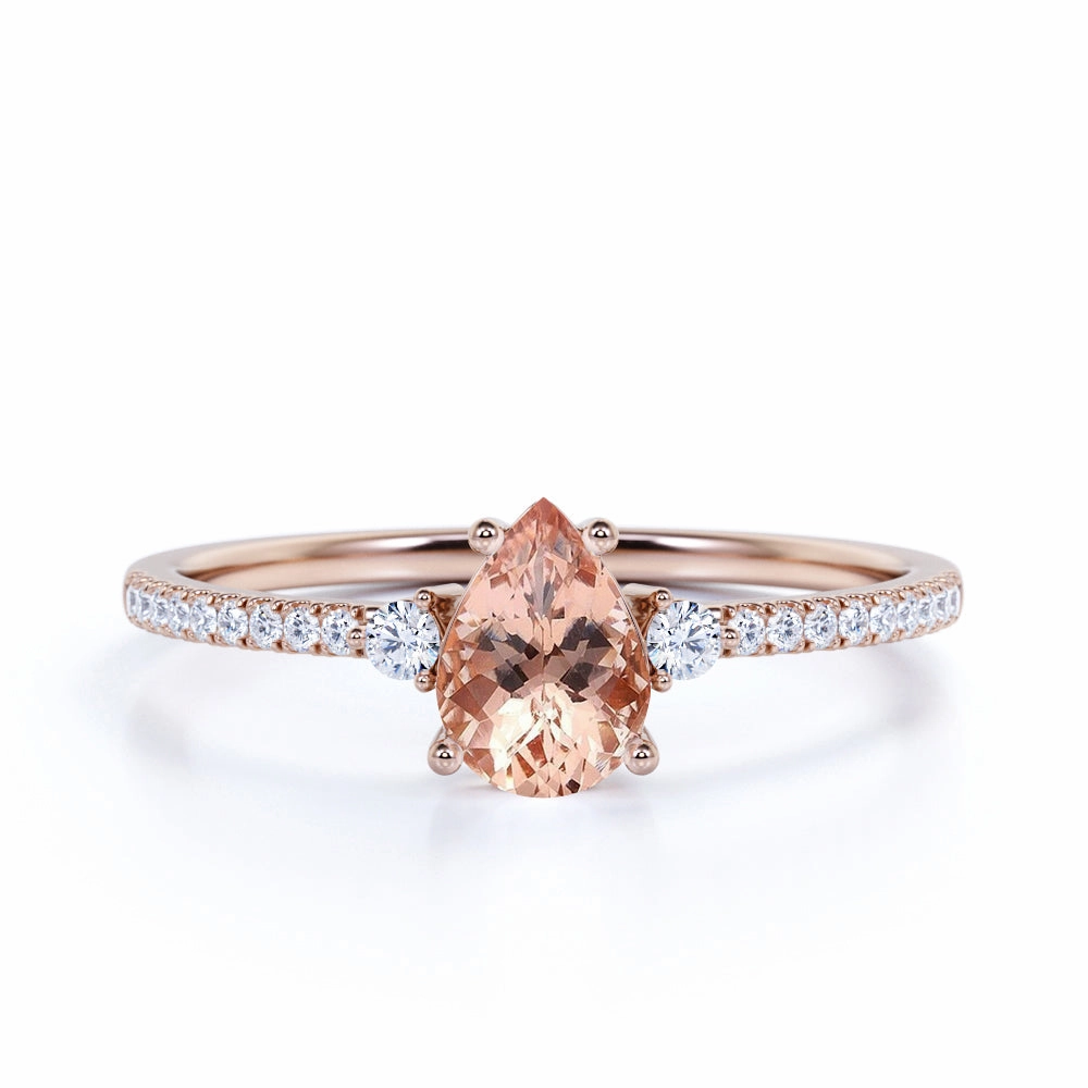 1 ct Three Stone Peach Morganite Pave Engagement Ring Fashionable Jewelry