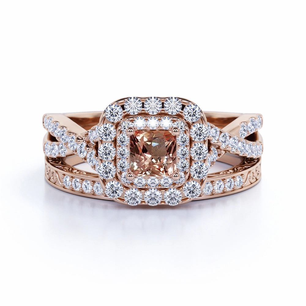 private label 2.25 ct Princess Morganite Infinity Pave Wedding Ring Set