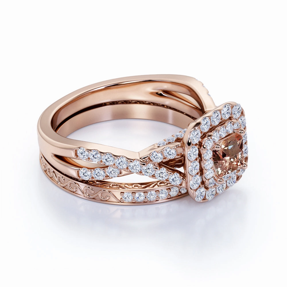 2.25 ct Princess Morganite Infinity Pave Wedding Ring Set Travel Accessory