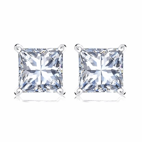 2 Carat Princess Cut Cubic Zirconia Solitaire Stud Earrings in 18K White Gold over Silver Statement Decoration