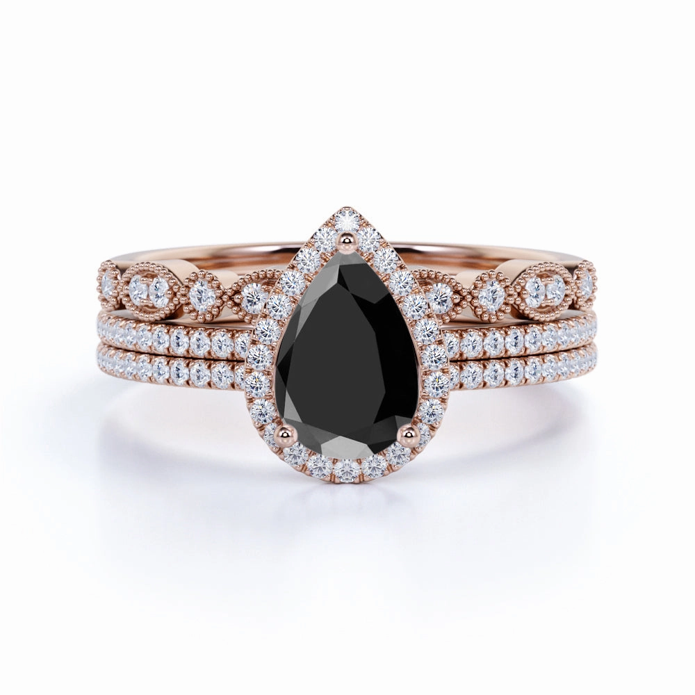 Minimalist Keepsake Affordable Sign 2 ct Pear Lab Black Diamond Antique Trio Wedding Ring Set