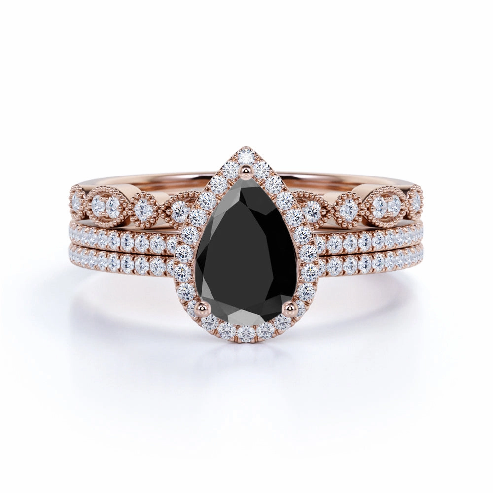Timeless Present Chic Design 2 ct Pear Lab Black Diamond Antique Trio Wedding Ring Set