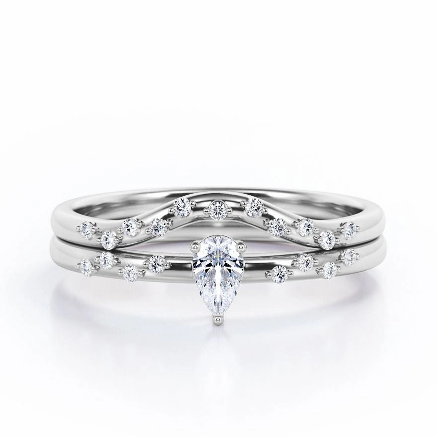 2-Prong Flush - 0.4 TCW Teardrop Cut Diamond - Curved Minimalist Wedding Ring Set in White Gold Cosmopolitan Style