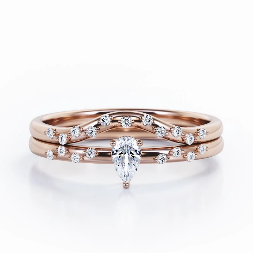 Superior Ornament Beautiful Adornment 2-Prong Flush - 0.4 TCW Teardrop Cut Diamond - Curved Minimalist Wedding Ring Set in White Gold