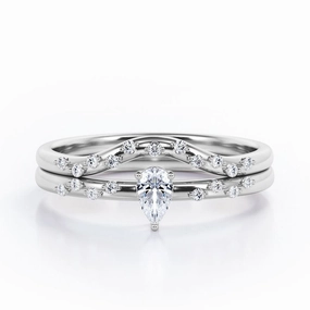 Timeless Symbol 2-Prong Flush - 0.4 TCW Teardrop Cut Diamond - Curved Minimalist Wedding Ring Set in White Gold