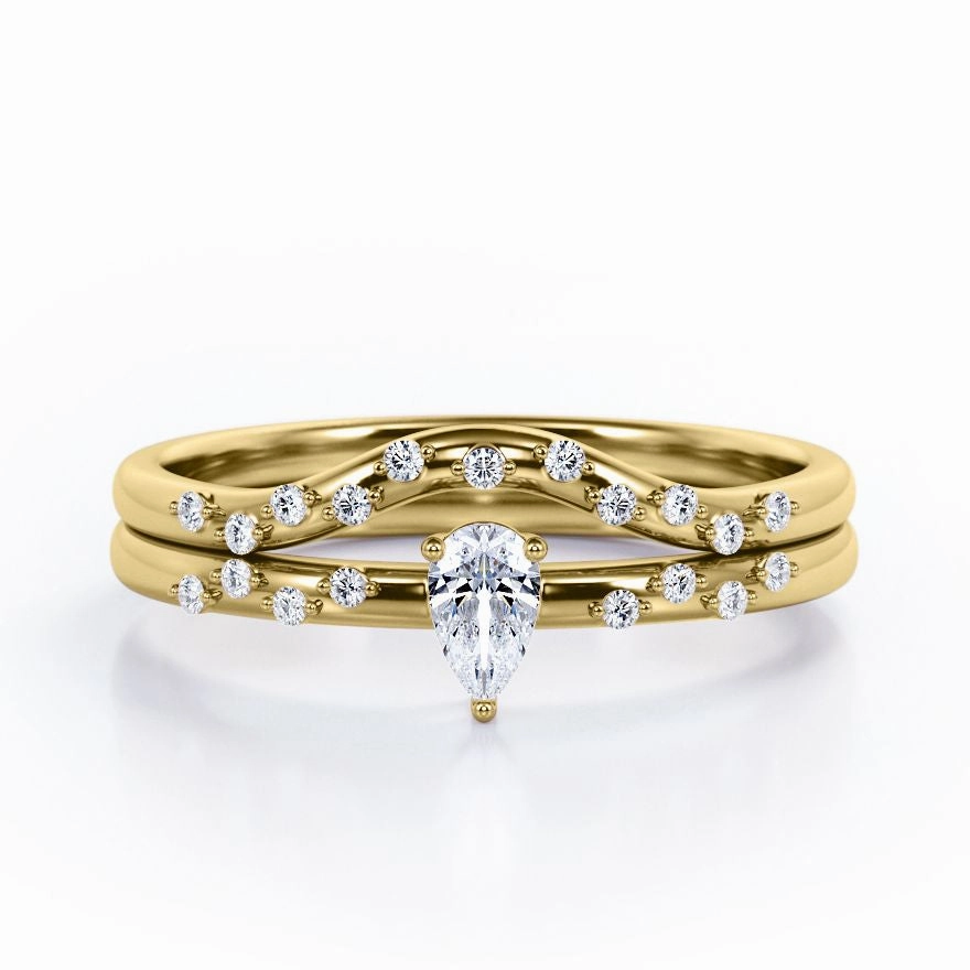 2-Prong Flush - 0.4 TCW Teardrop Cut Diamond - Curved Minimalist Wedding Ring Set in White Gold Trendy Statement