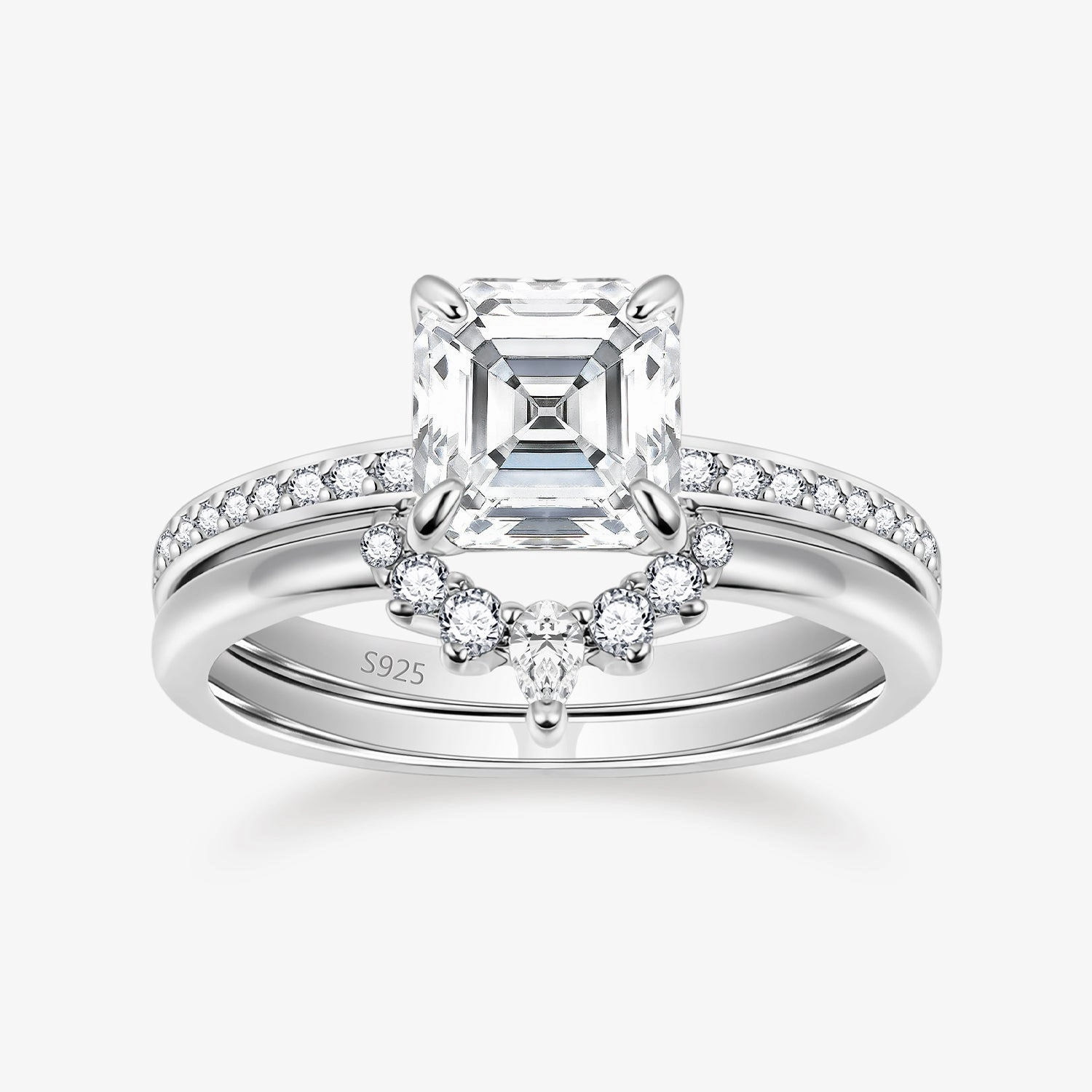 2CT 925 Sterling Silver Asscher Cut Crown Cubic Zirconia Ring Set Luxury Touch Glamorous Work