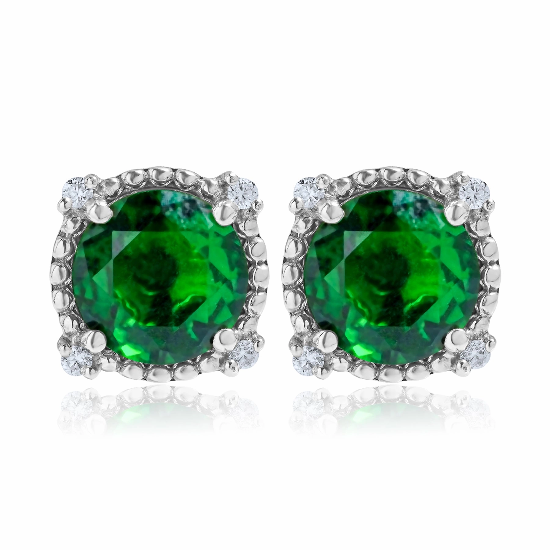 3.5 Carat Round Cut - Emerald - May Birthstone Stud Earrings Halo Milgrain in 18K White Gold over Silver Formal Accent Lovely Item