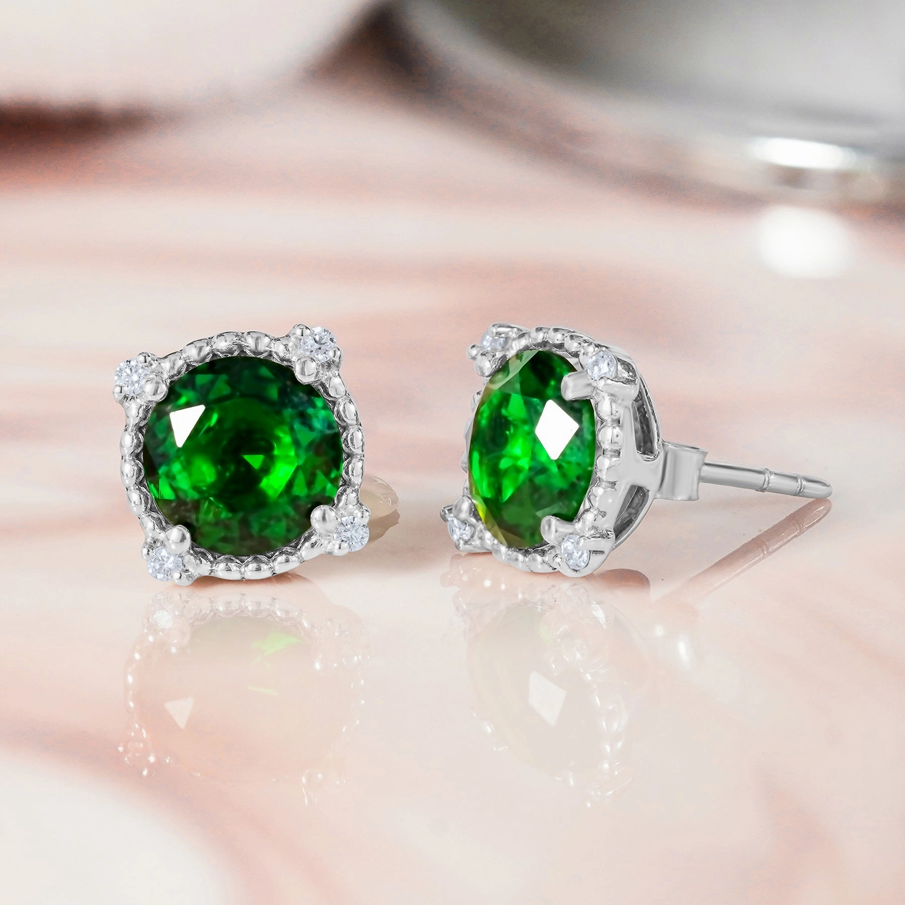 3.5 Carat Round Cut - Emerald - May Birthstone Stud Earrings Halo Milgrain in 18K White Gold over Silver Elegant Element Stylish Jewelry