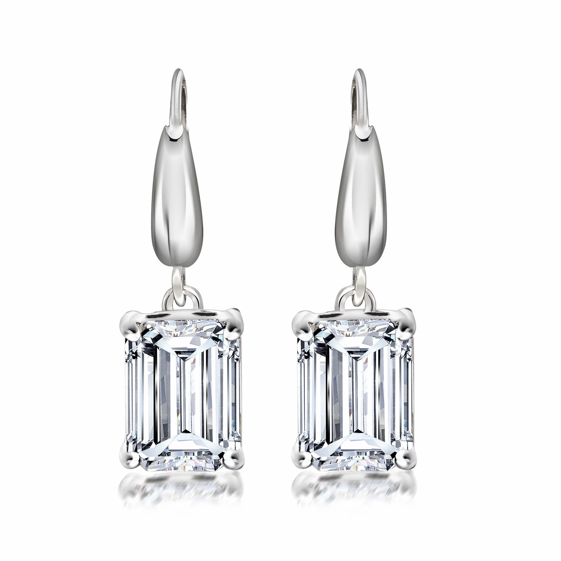 3 Carat Emerald Cut Moissanite Dangle Earrings for Women in 18K White Gold over Silver Secure Embellishment Vintage Selection