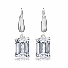 3 Carat Emerald Cut Moissanite Dangle Earrings for Women in 18K White Gold over Silver Secure Embellishment Vintage Selection