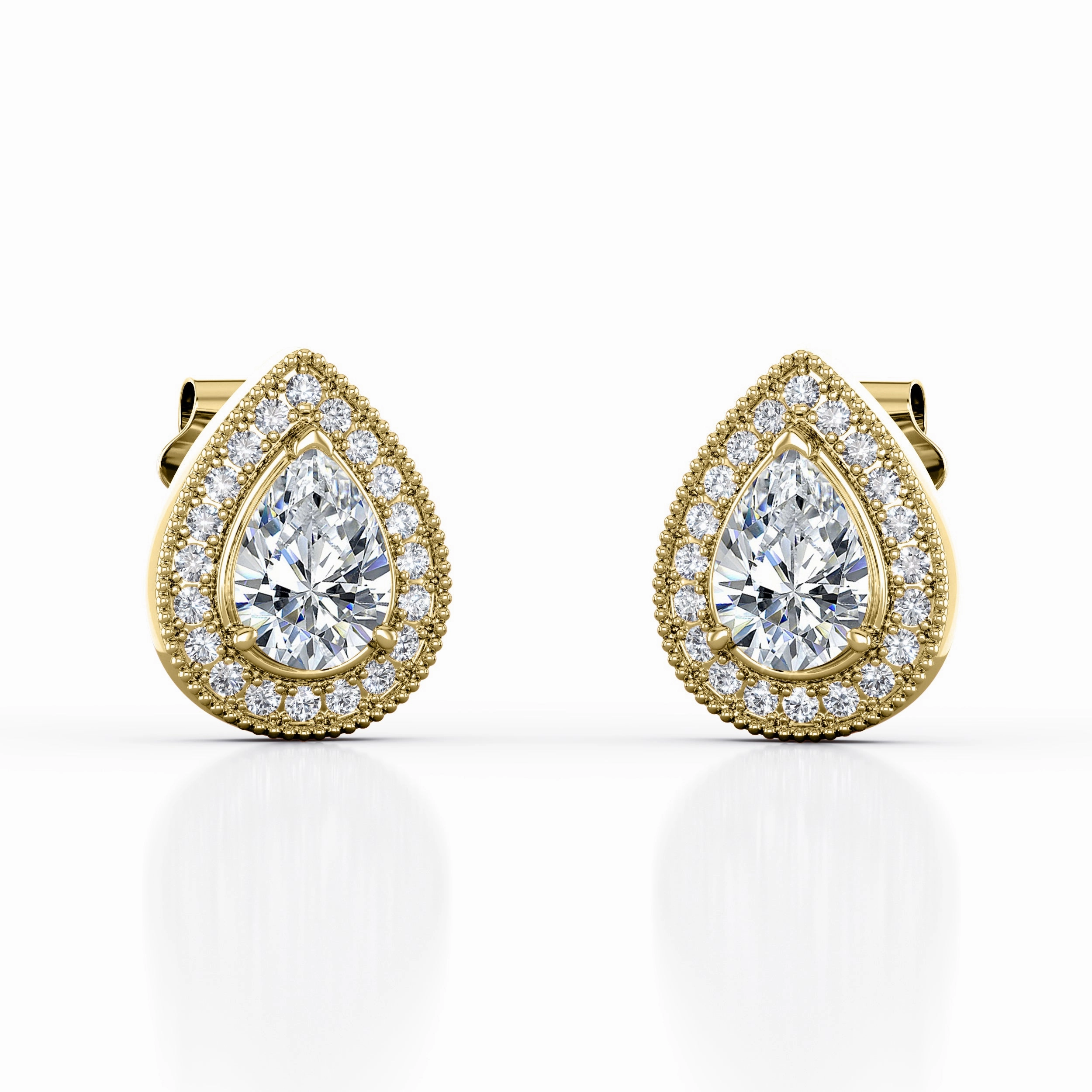 3 Prong Art Deco 1.10 Carat Pear Cut Certified Moissanite and Diamond Scallop Pave Stud Earrings in Rose Gold Lovely Accent