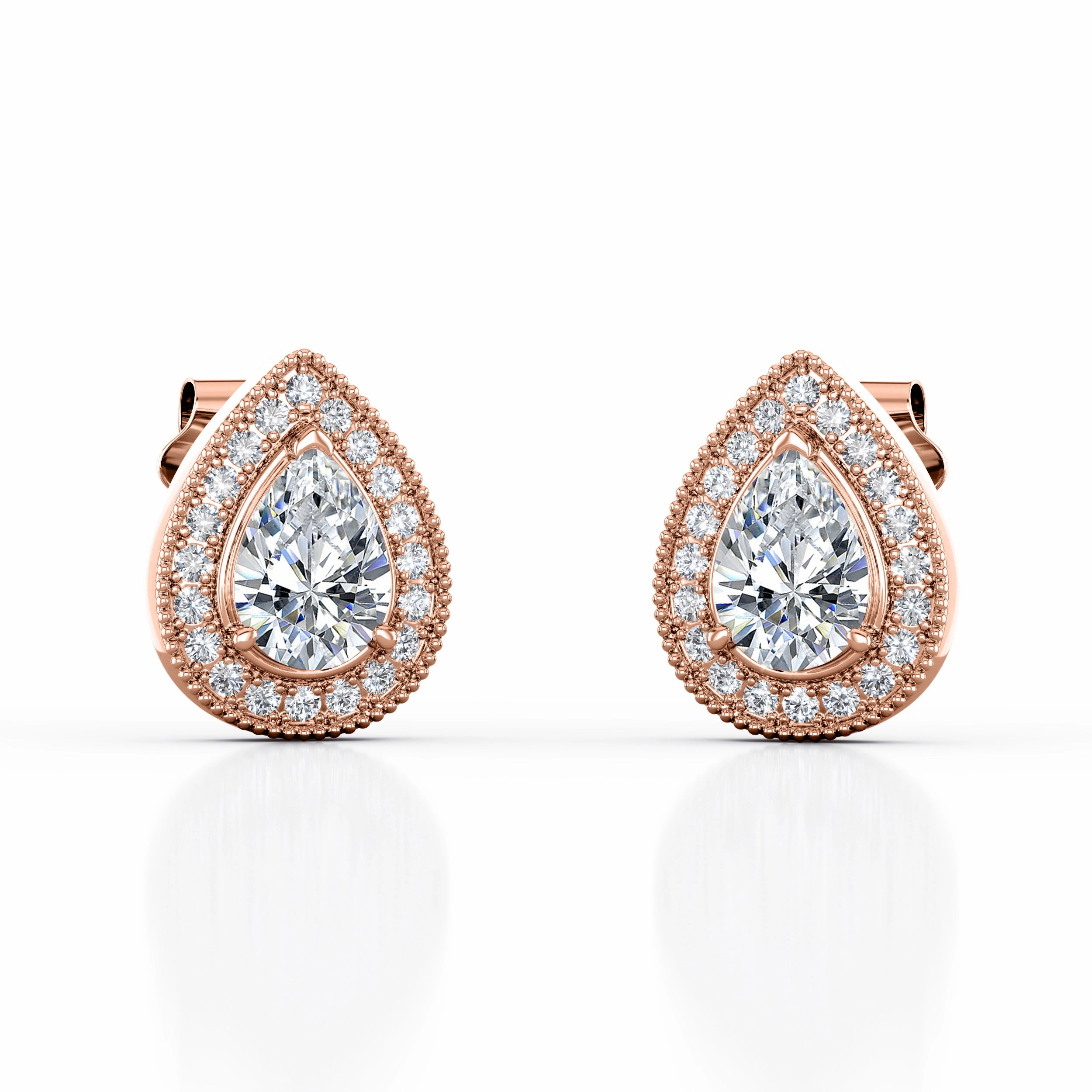 Striking Accessory Stunning Accent 3 Prong Art Deco 1.10 Carat Pear Cut Certified Moissanite and Diamond Scallop Pave Stud Earrings in Rose Gold