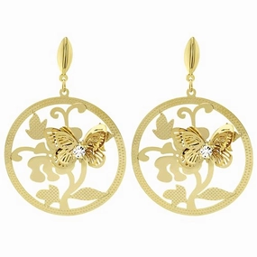 3D Butterfly Earrings with Cutout Flower Design and Crystal Yellow Gold Plated Business Embellishment Modern Option