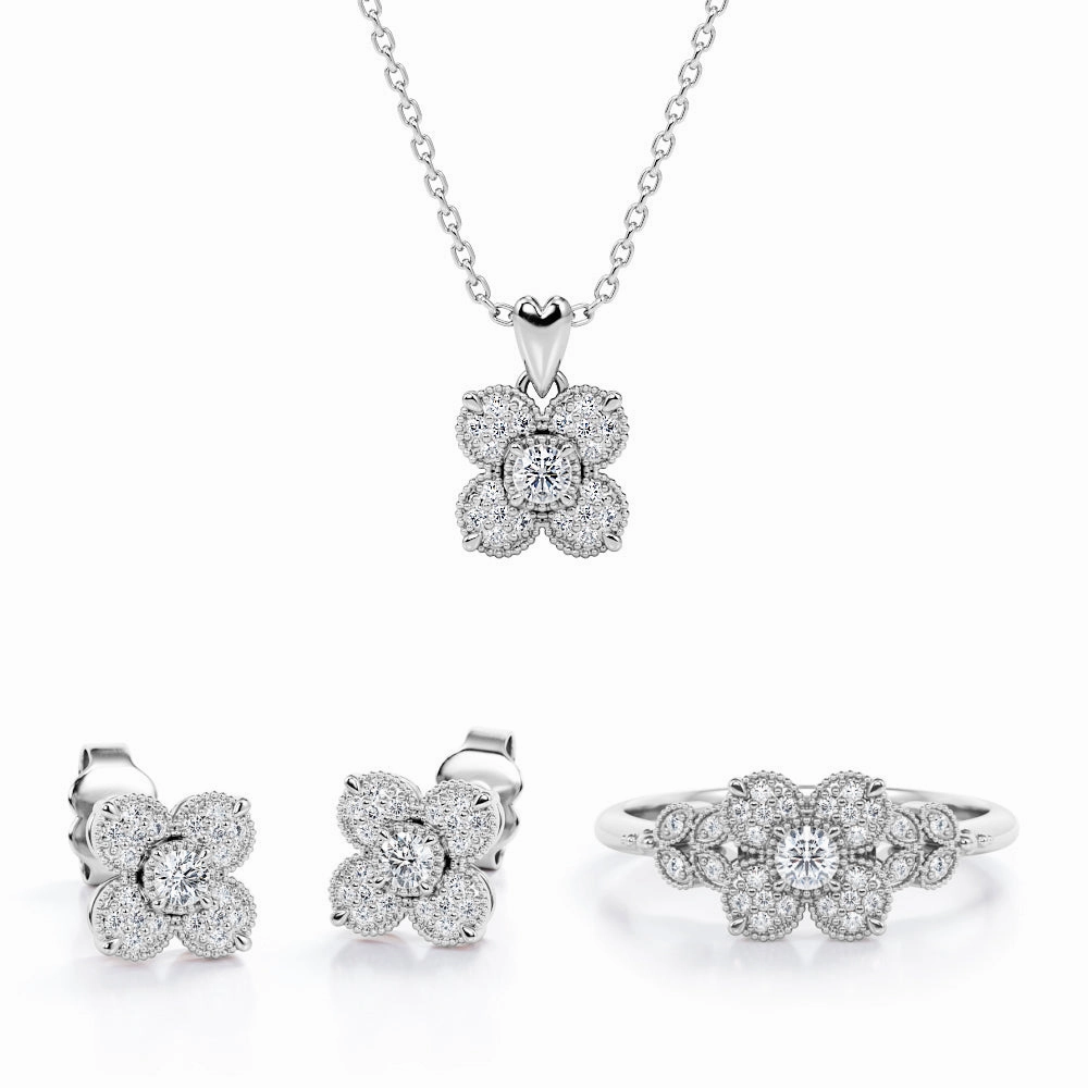 Gala Wear Fine Embellishment 4-Petal Bloom Cluster Jewelry Set of 0.45 TCW Diamond with Pendant, Earrings & Ring
