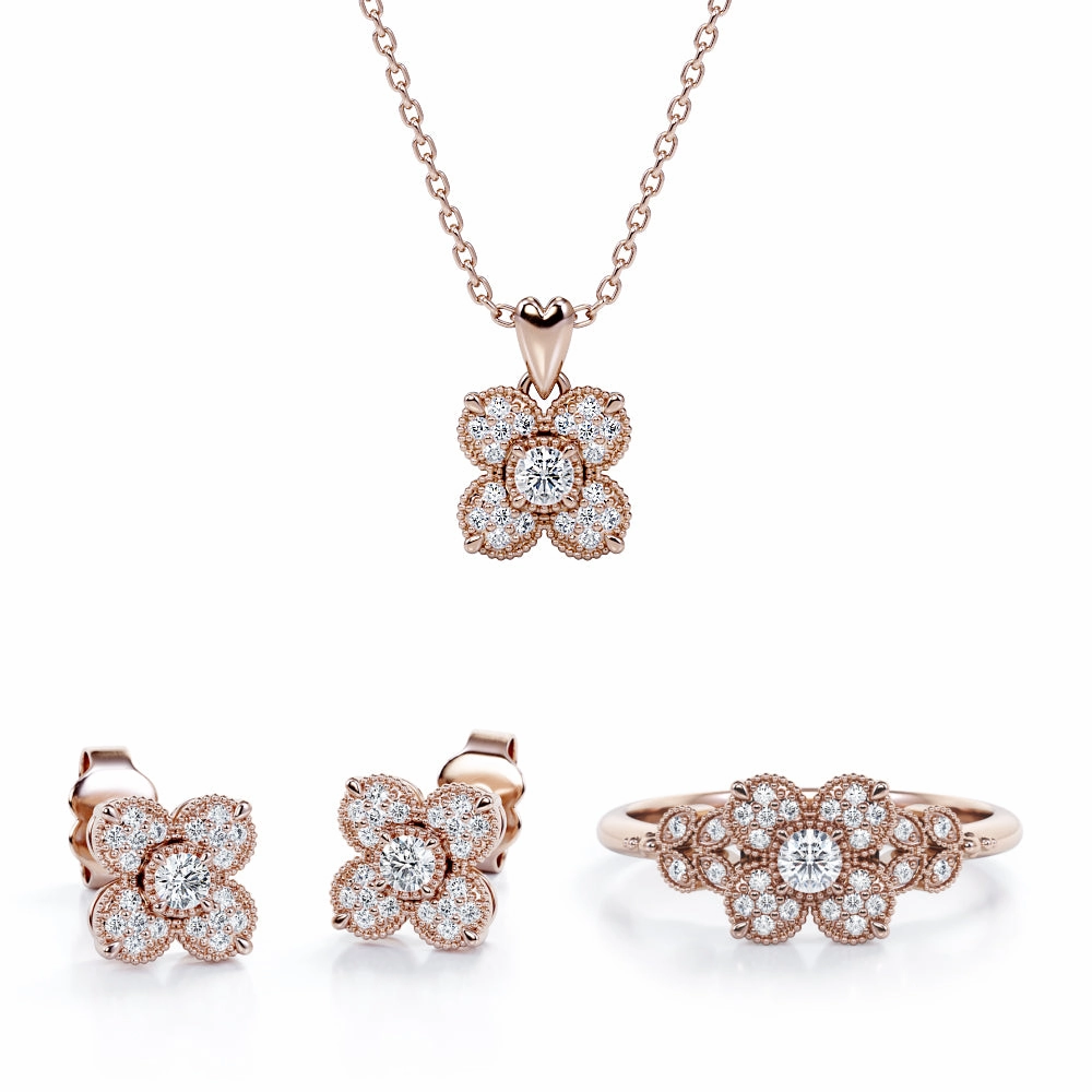 Elegant Attire 4-Petal Bloom Cluster Jewelry Set of 0.45 TCW Diamond with Pendant, Earrings & Ring