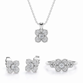 Heat resistant Fine Details 4-Petal Bloom Cluster Jewelry Set of 0.45 TCW Diamond with Pendant, Earrings & Ring