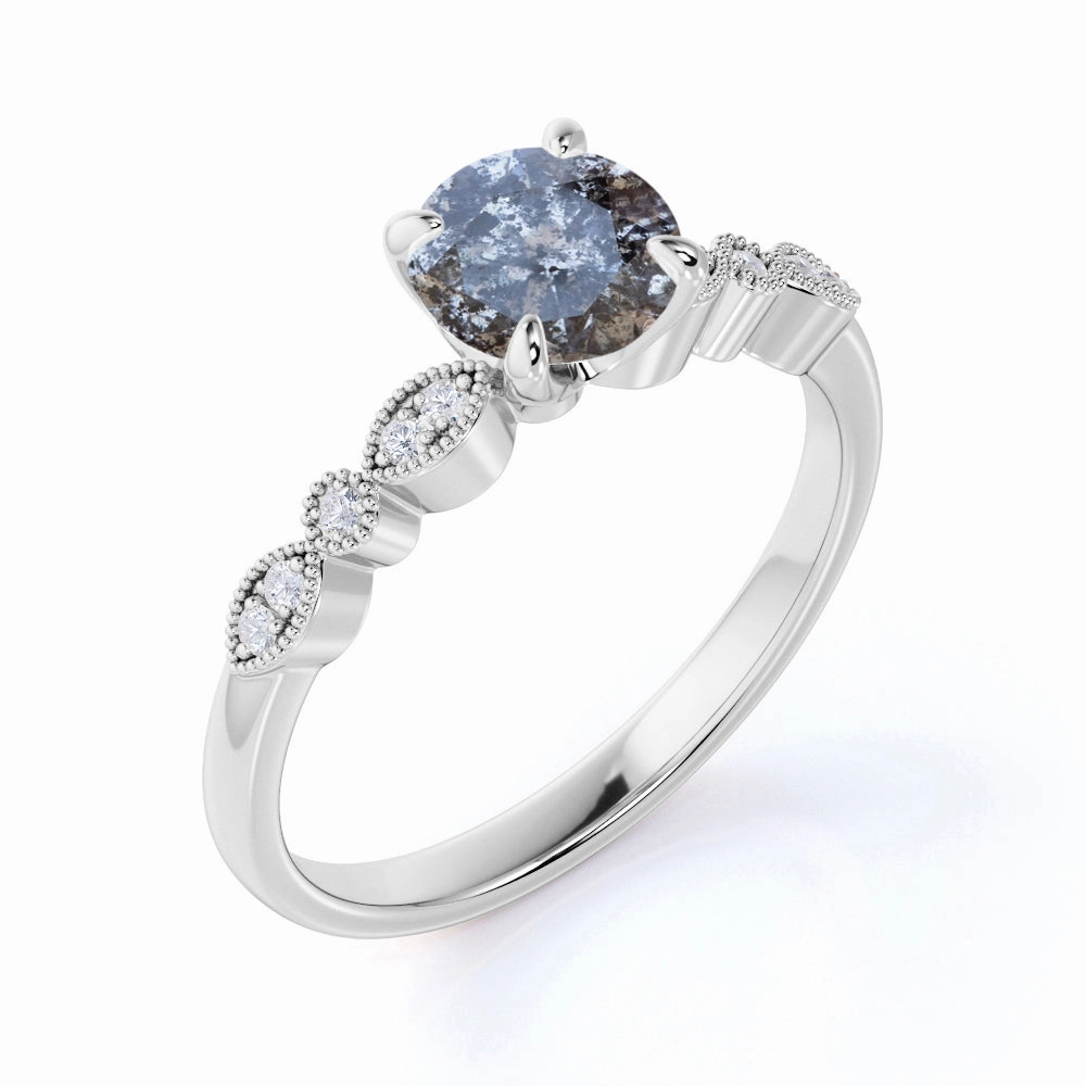 Handcrafted Embellishment Polished Geometry 4 Prong 0.75 Ct Round Salt and Pepper Diamond Engagement Ring