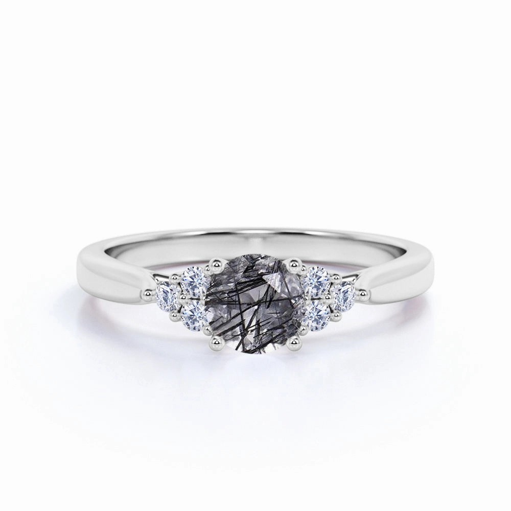 Excellent Design 7 Stone 1.75 ct Round Black Rutilated Quartz Engagement Ring