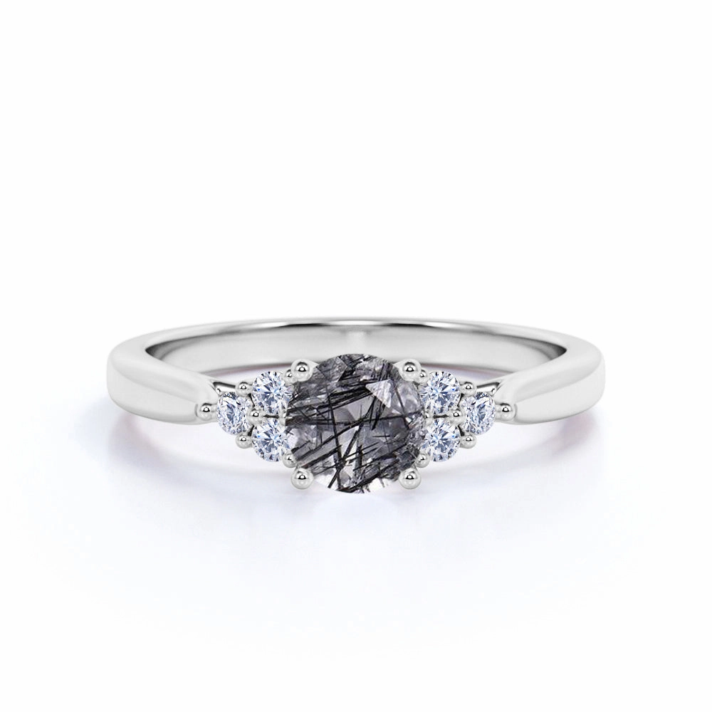 Chic Appearance 7 Stone 1.75 ct Round Black Rutilated Quartz Engagement Ring