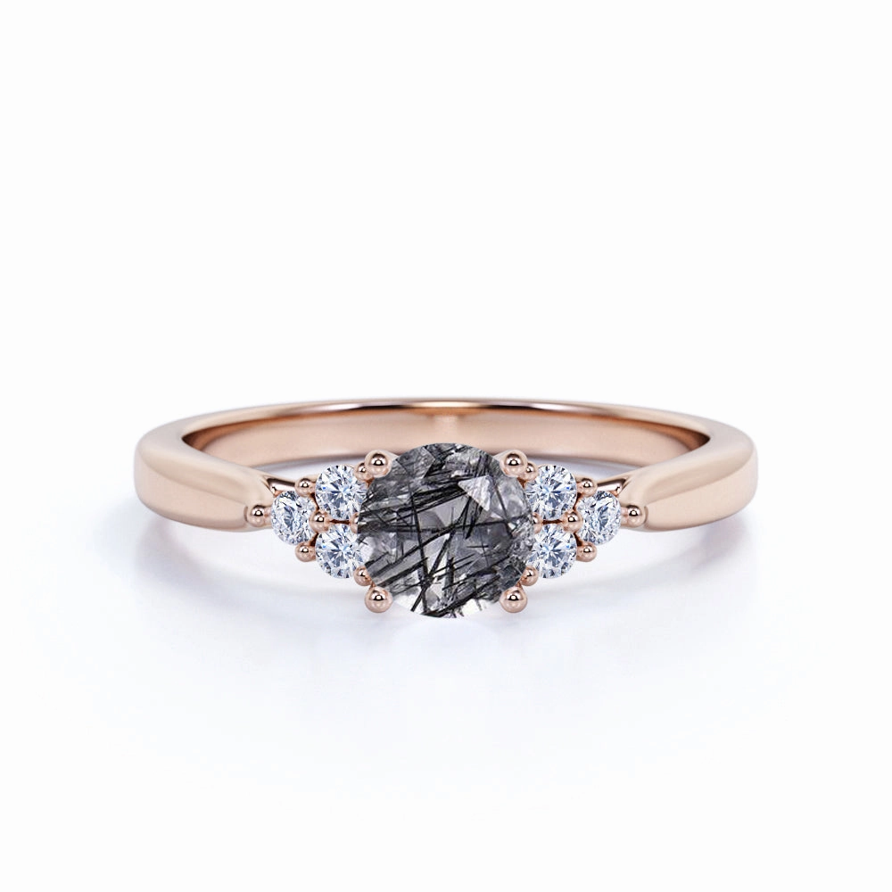 7 Stone 1.75 ct Round Black Rutilated Quartz Engagement Ring Embossed Pattern Modern Look