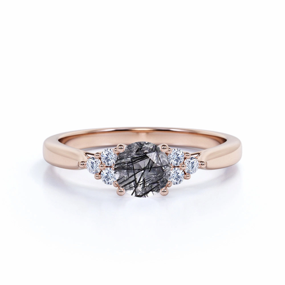 7 Stone 1.75 ct Round Black Rutilated Quartz Engagement Ring Comfortable Decoration