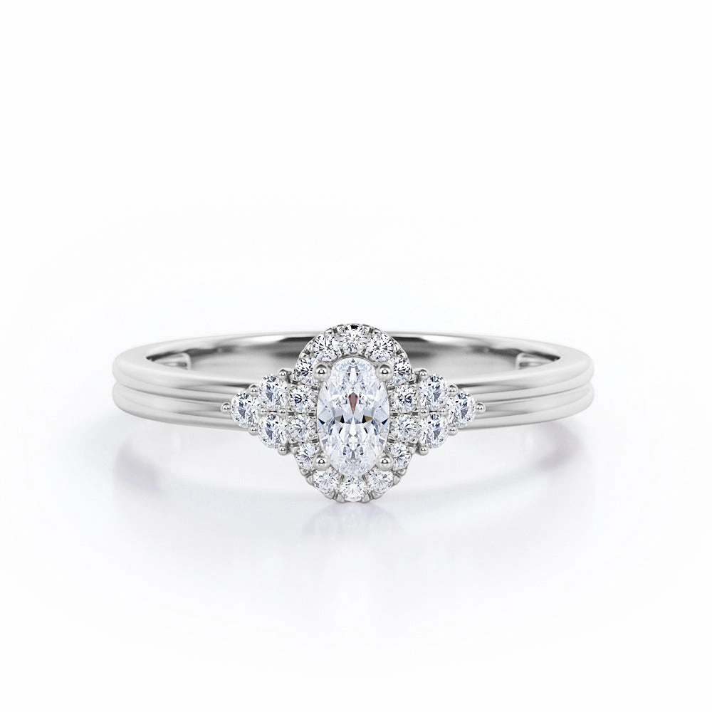 7-Stone Halo Cluster 0.35 TCW Oval Cut Diamond Double Band Engagement Ring in White Gold Refined Appearance Clean Spark
