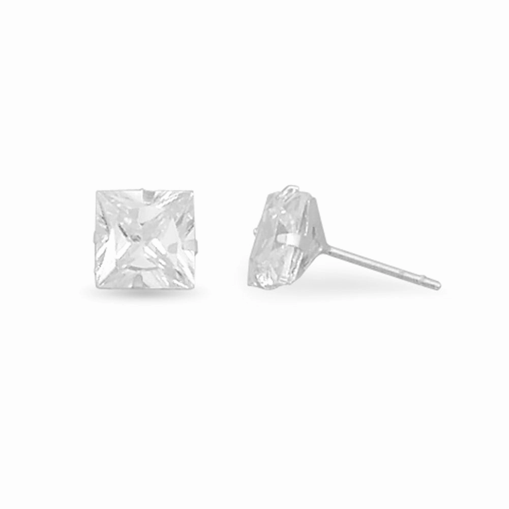 7mm Square Cubic Zirconia CZ Stud Earrings Mens Womens Teens Sterling Silver Creative Adornment Oversized Trinket
