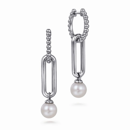 Feminine Accent Dainty Accessory 925 Sterling Silver Pearl Bujukan Huggie Drop Earrings