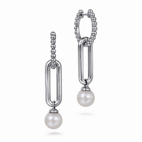 Feminine Accent Dainty Accessory 925 Sterling Silver Pearl Bujukan Huggie Drop Earrings