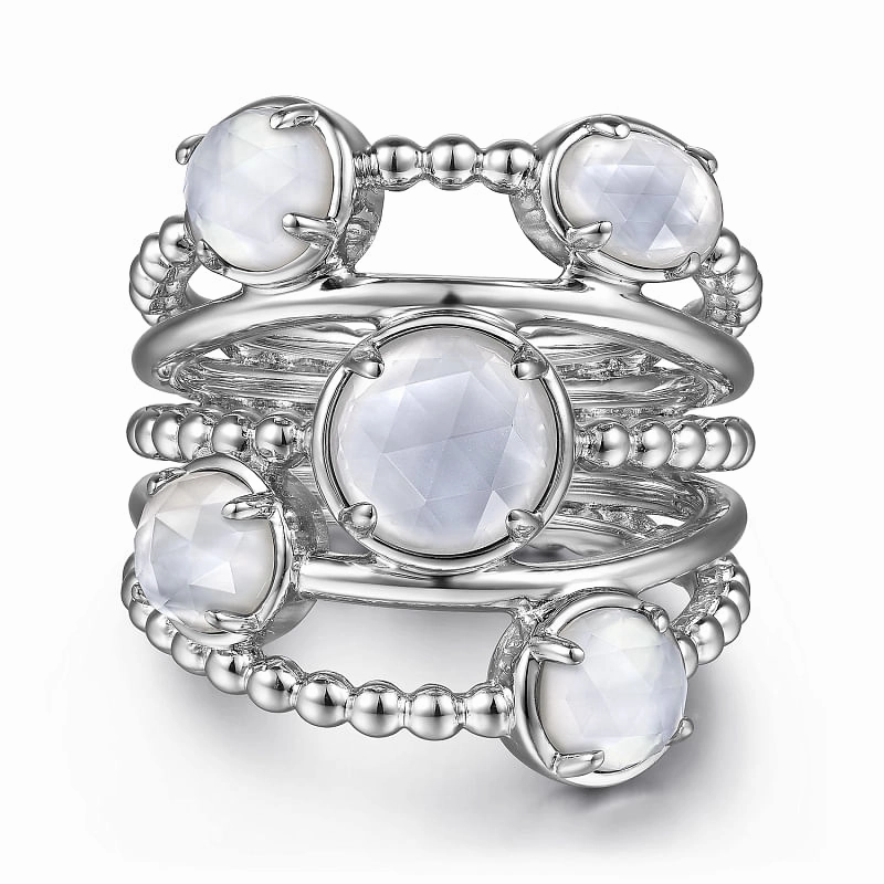 925 Sterling Silver Rock Crystal and White Mother of Pearl Statement Bubble Ring Minimal Finish Cool feature