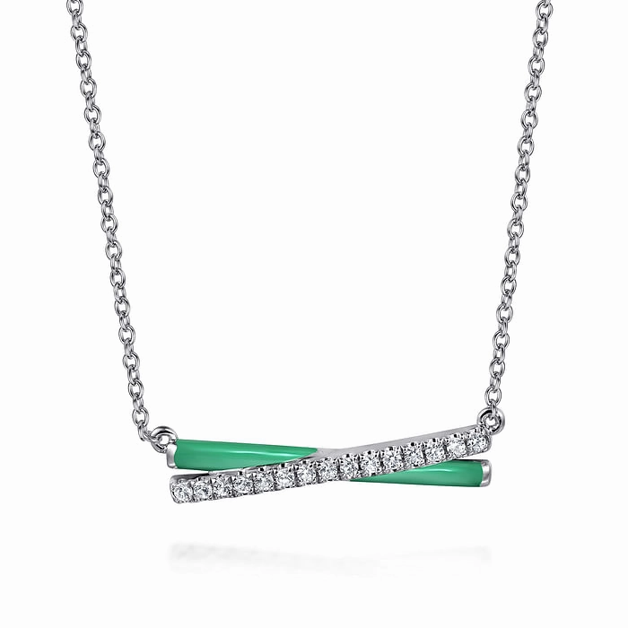 925 Sterling Silver White Sapphire and Mint Cockatoo Enamel Criss Cross Bar Necklace Stylish Fit Sleek Edge