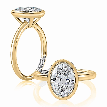 Sophisticated piece Opulent Gem A. JAFFE Oval Center Bezel Solitaire Diamond Engagement Ring Setting in 14K Yellow Gold