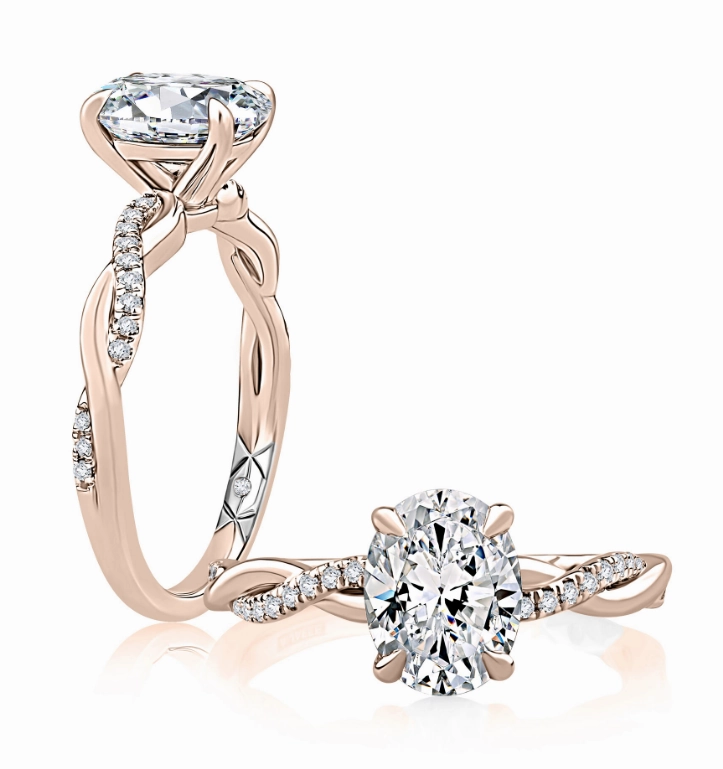 Special Style Opulent Design A. JAFFE Oval Center Side Stone Diamond Engagement Ring Setting in 14K Rose/White Gold (.10ctw)