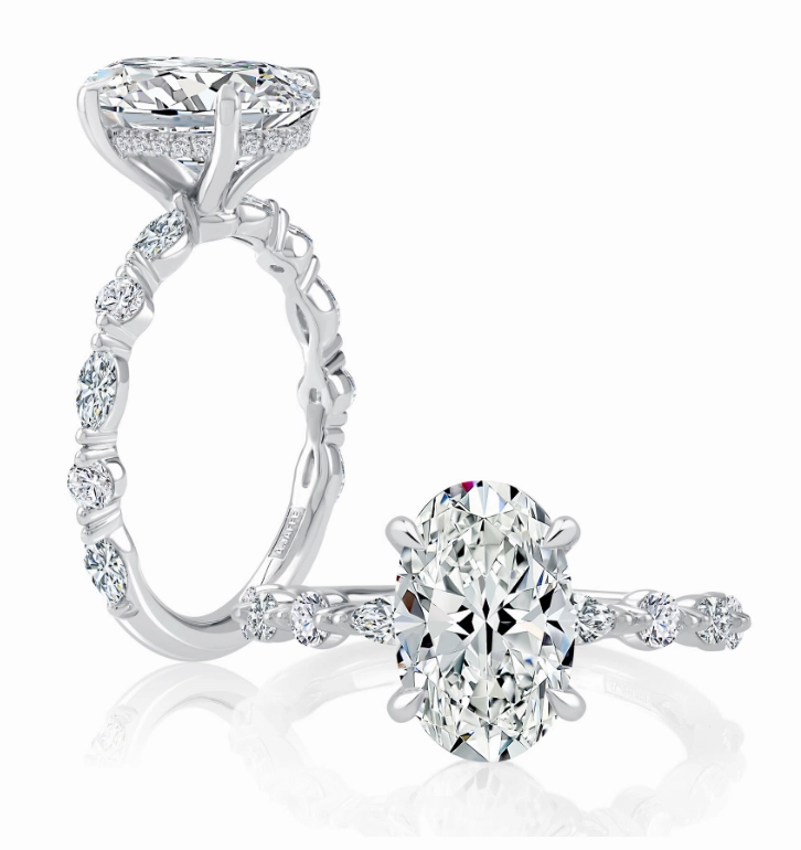 A. JAFFE Oval Center Side Stone Diamond Engagement Ring Setting in 14K White Gold (.42ctw) Chic Design Elegant Spark