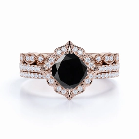 Ornate Creation 2 ct Cushion Lab Black Diamond Artdeco Trio Bridal Set