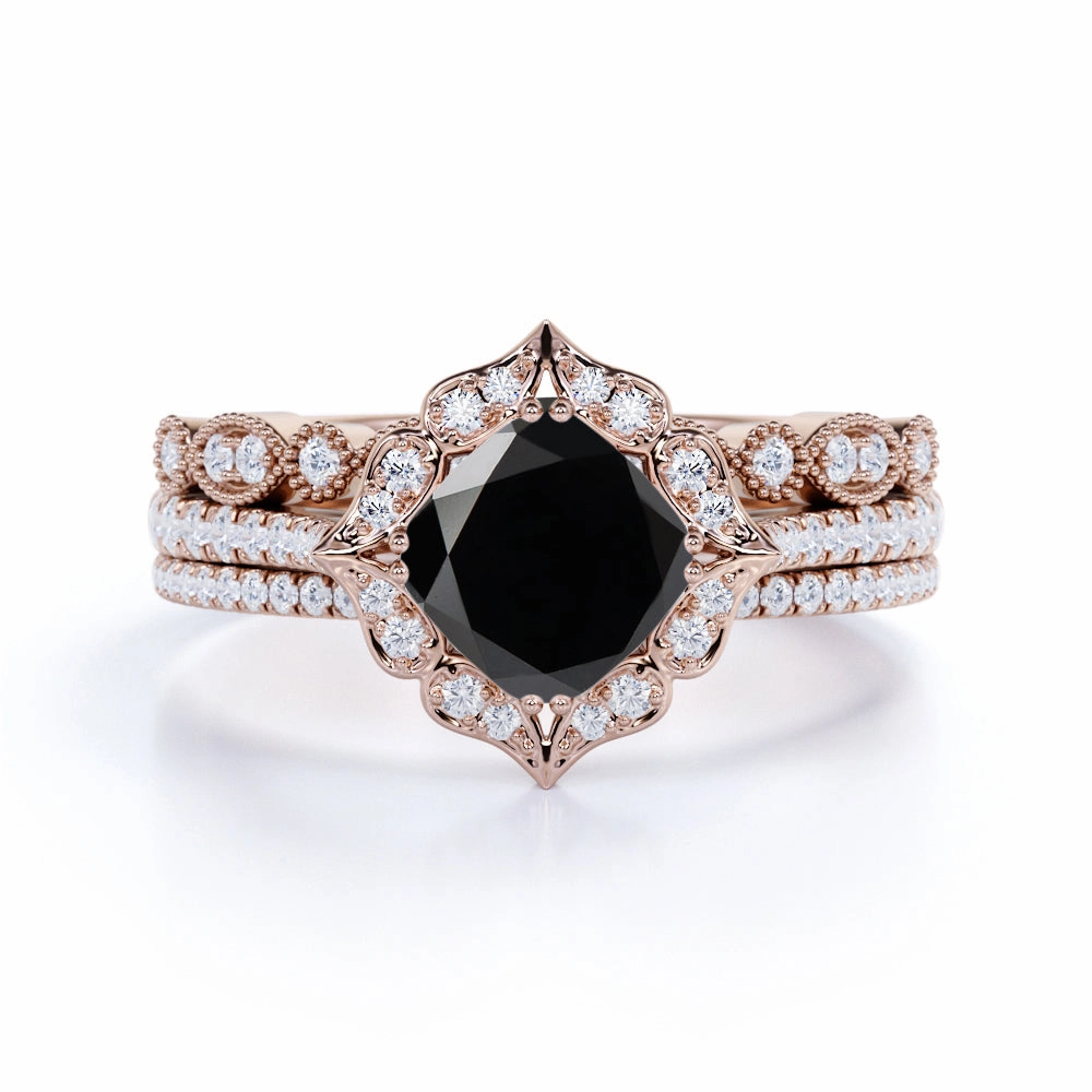 Modern Object Romantic Design 2 ct Cushion Lab Black Diamond Artdeco Trio Bridal Set