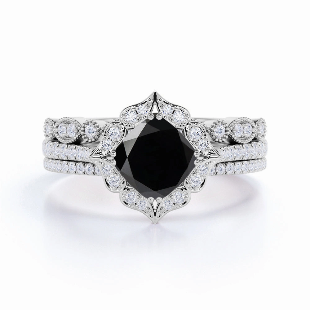 2 ct Cushion Lab Black Diamond Artdeco Trio Bridal Set Convenient Appearance