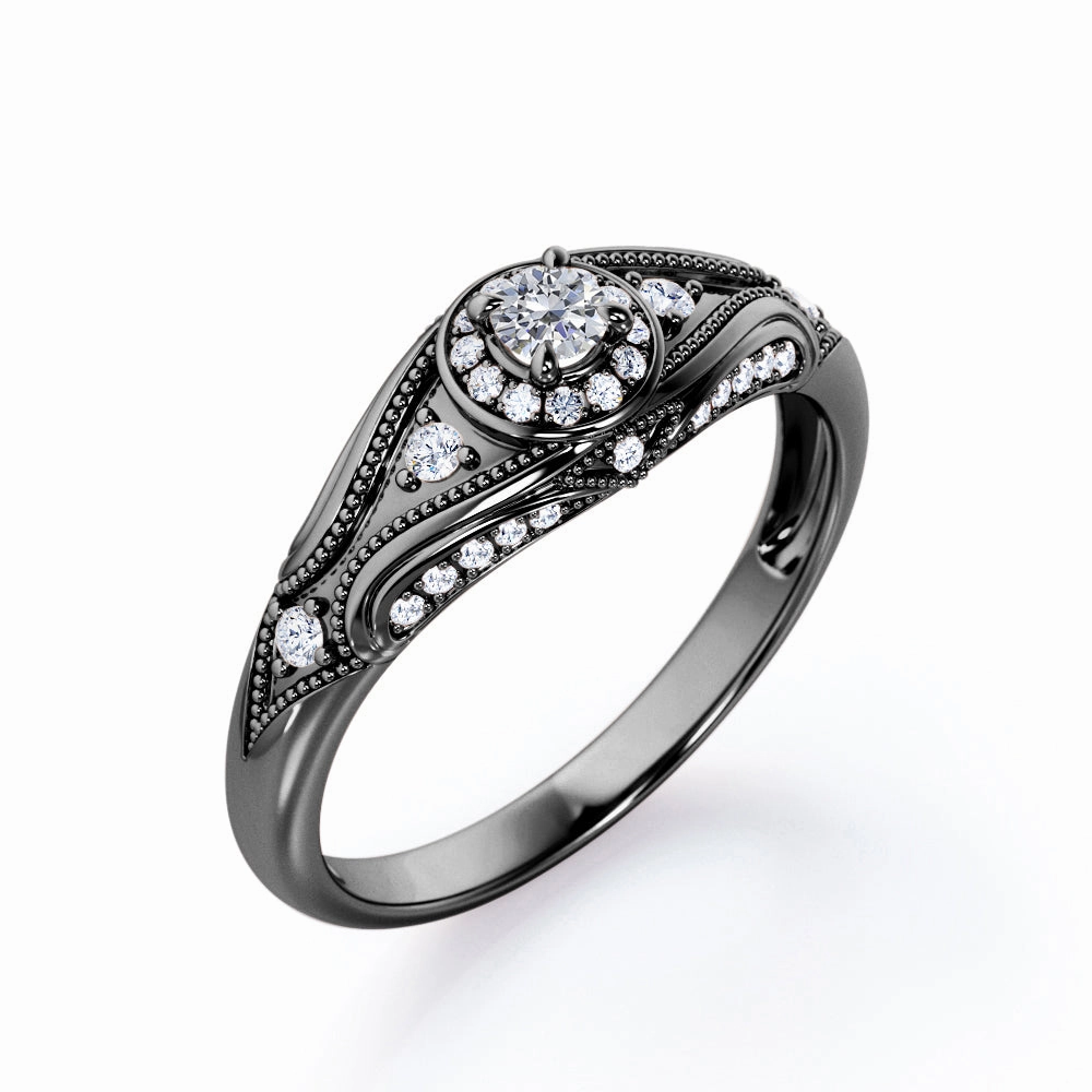 Edwardian Milgrain Filigree Design - 0.35 TCW Round Shape Diamond - Halo Sided Pave Engagement Ring - 10K Rose Gold Unique Fit