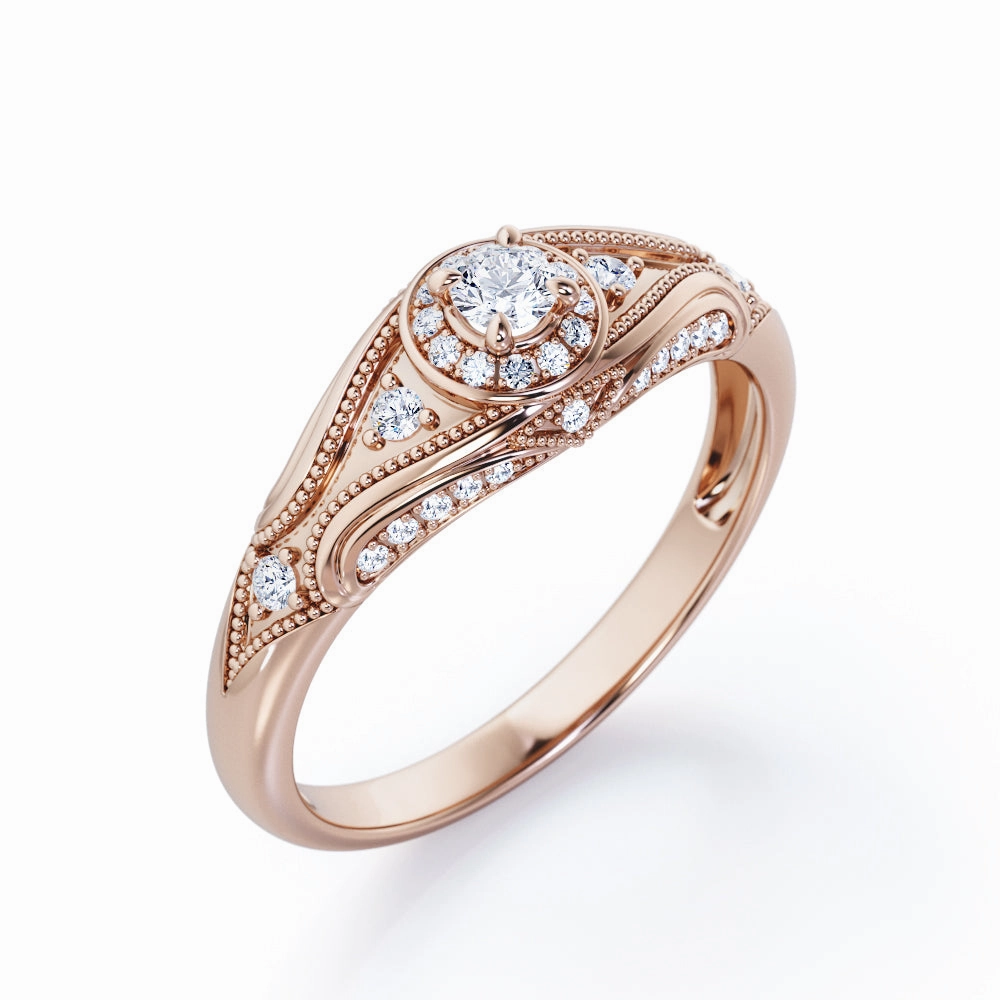 Edwardian Milgrain Filigree Design - 0.35 TCW Round Shape Diamond - Halo Sided Pave Engagement Ring - 10K Rose Gold Stylish Insignia High-End Craft