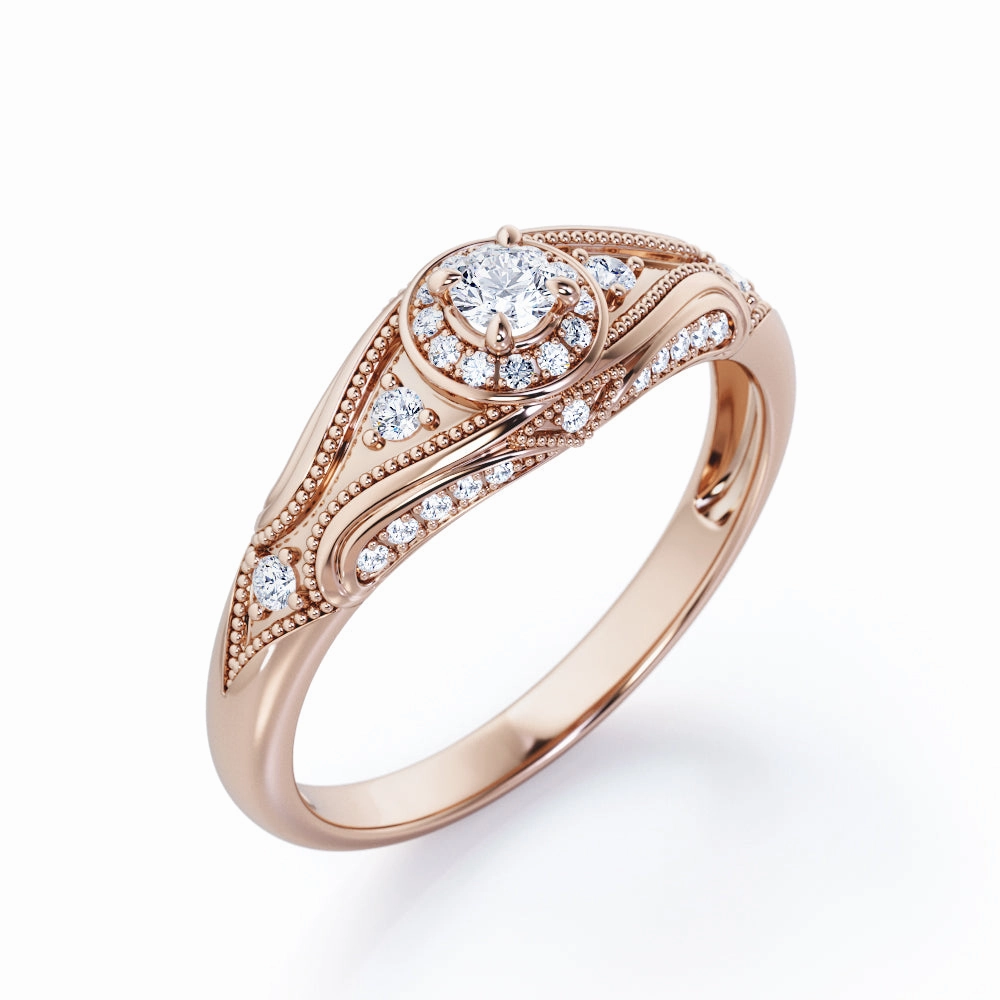 Dramatic Detail Creative Edge Edwardian Milgrain Filigree Design - 0.35 TCW Round Shape Diamond - Halo Sided Pave Engagement Ring - 10K Rose Gold
