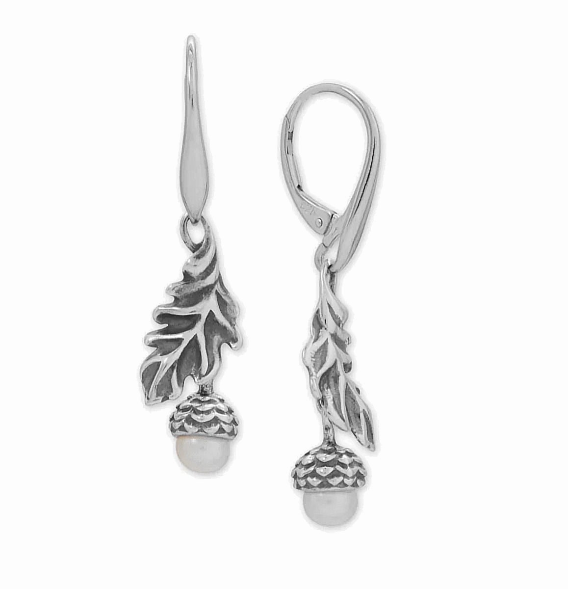 Sturdy Piece Oversized Embellishment Acorn and Leaf Earrings with Cultured Freshwater Pearl Sterling Silver