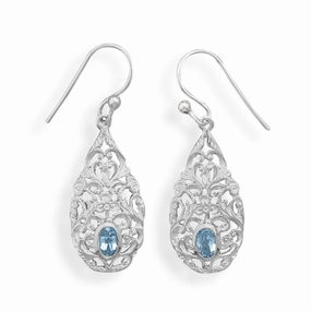 Artistic Piece Blue Topaz Earrings Filigree Drop Sterling Silver