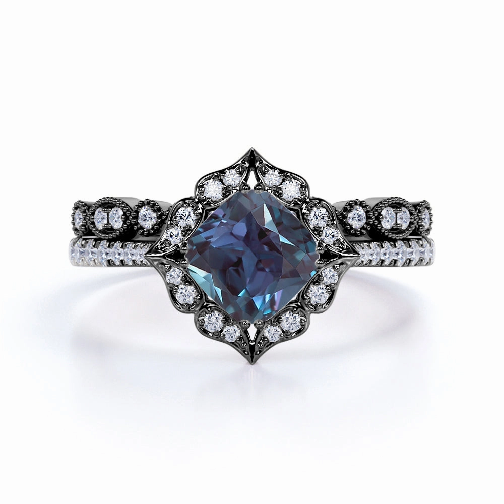 Friendship Bond Art Deco 1.50 Ct Cushion Cut Lab Alexandrite Bridal Set