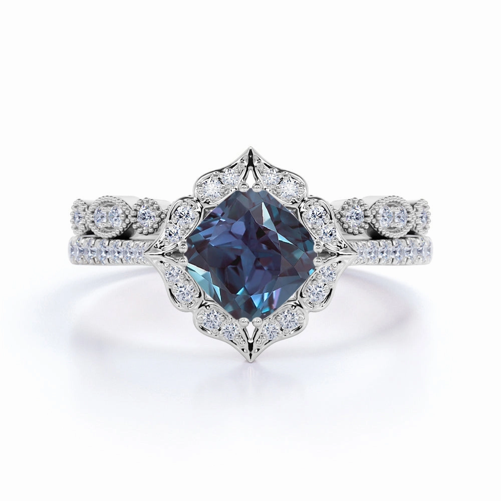 Unique Sign Art Deco 1.50 Ct Cushion Cut Lab Alexandrite Bridal Set
