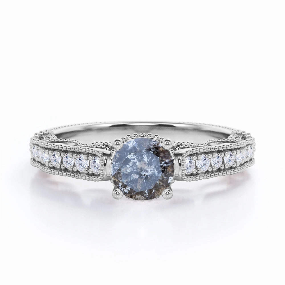 Affordable 0.55 Carat Round Cut Translucent Salt and Pepper Diamond Vintage Milgrain Engagement Ring In White Gold Handcrafted Adornment