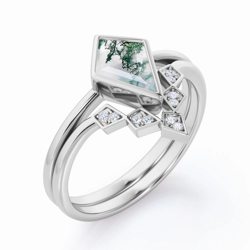 Geometric 1.25 Carat Kite Moss Agate Bridal Set Exclusive Decoration