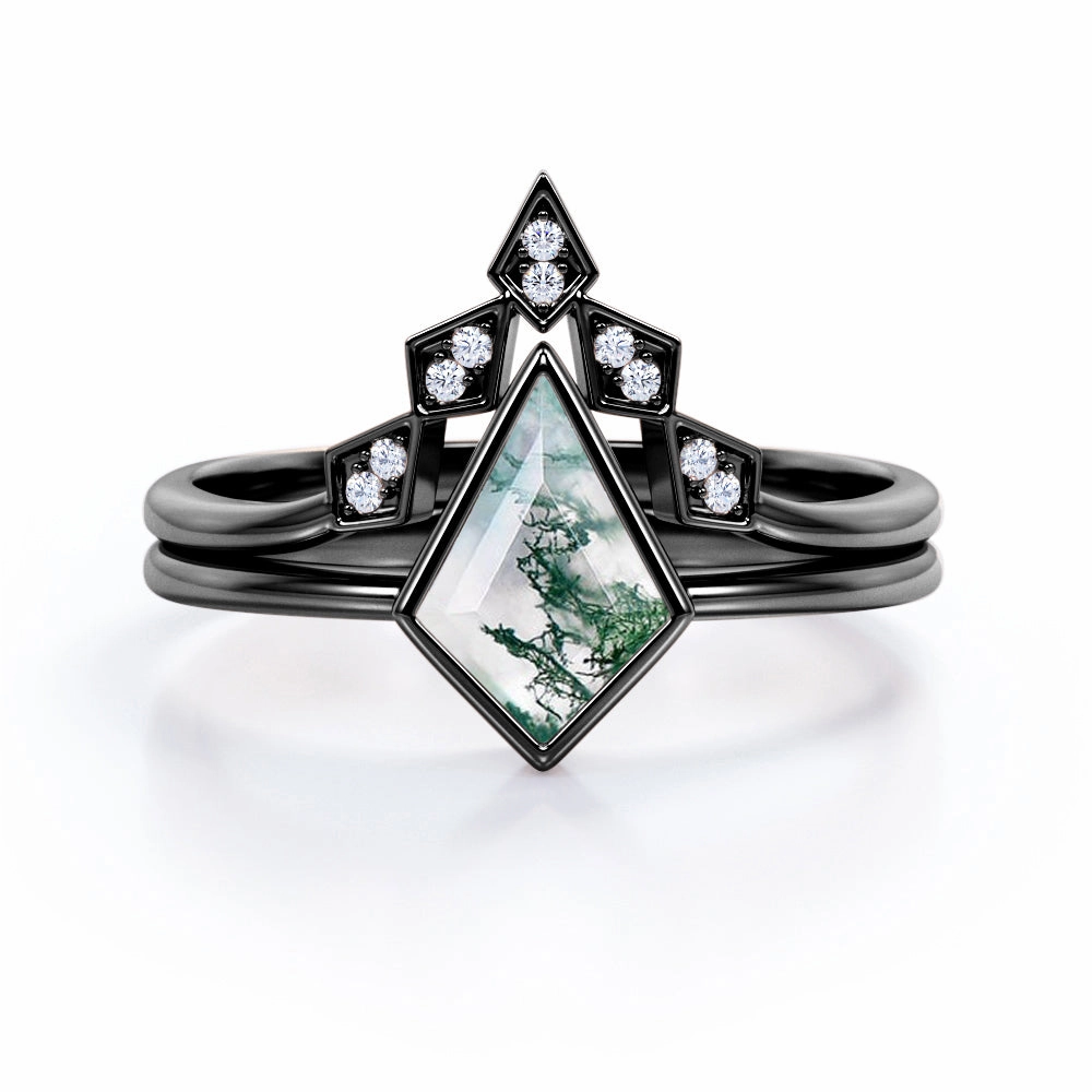 Geometric 1.25 Carat Kite Moss Agate Bridal Set Superior Item