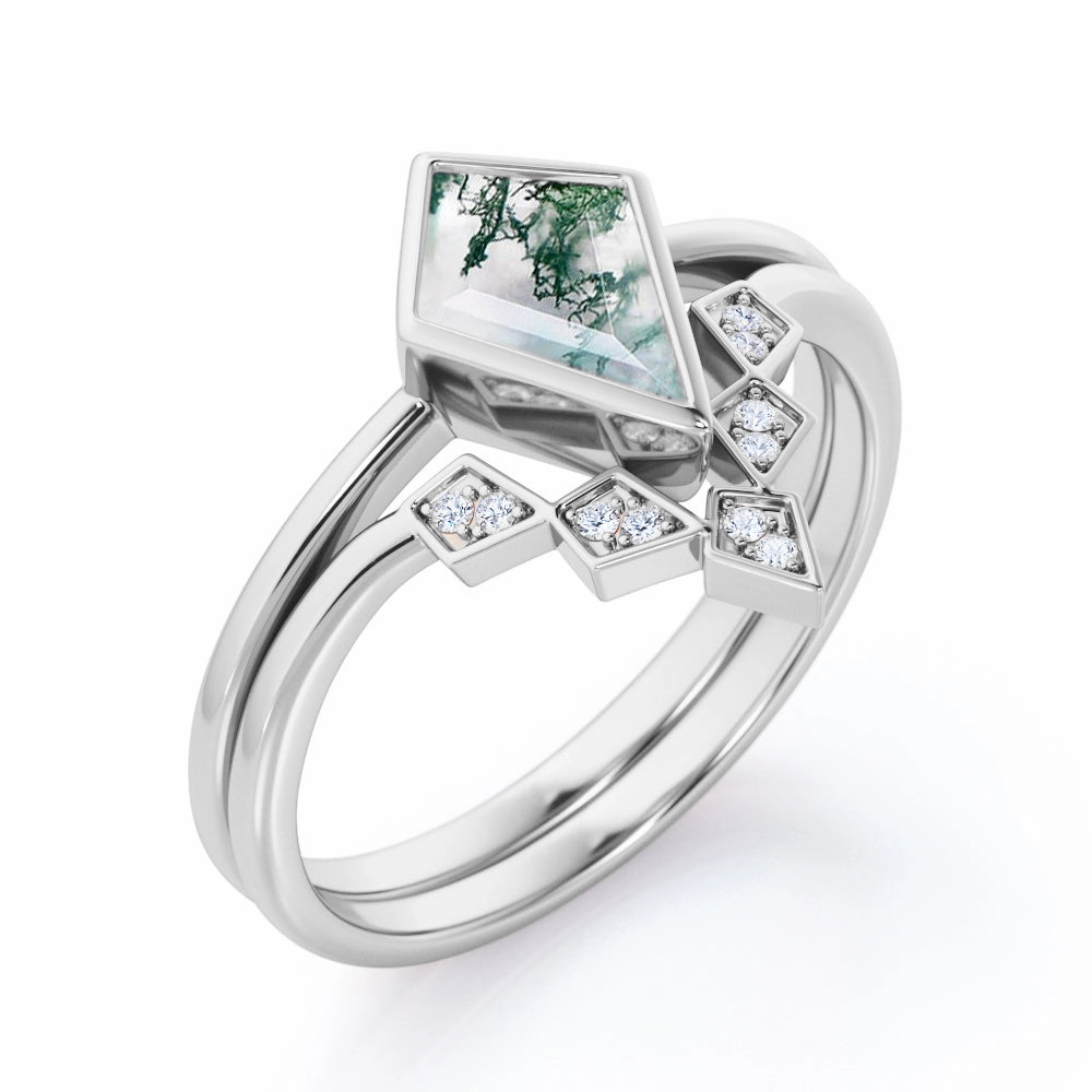 Premium Appearance Geometric 1.25 Carat Kite Moss Agate Bridal Set