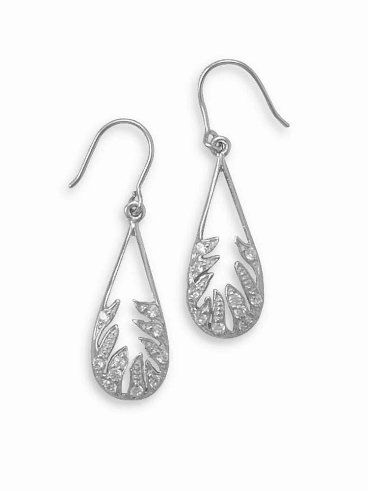 Substantial Trinket Leaf Design Earrings Teardrop Shape Studded with Sparkling Cubic Zirconia Rhodium on Sterling Silver